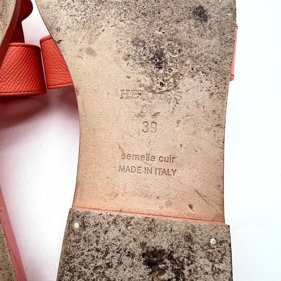 HERMES Oran Sandal Orange Joey Epsom Womens Size 39 Calf Leather Flat - Picture 12 of 16